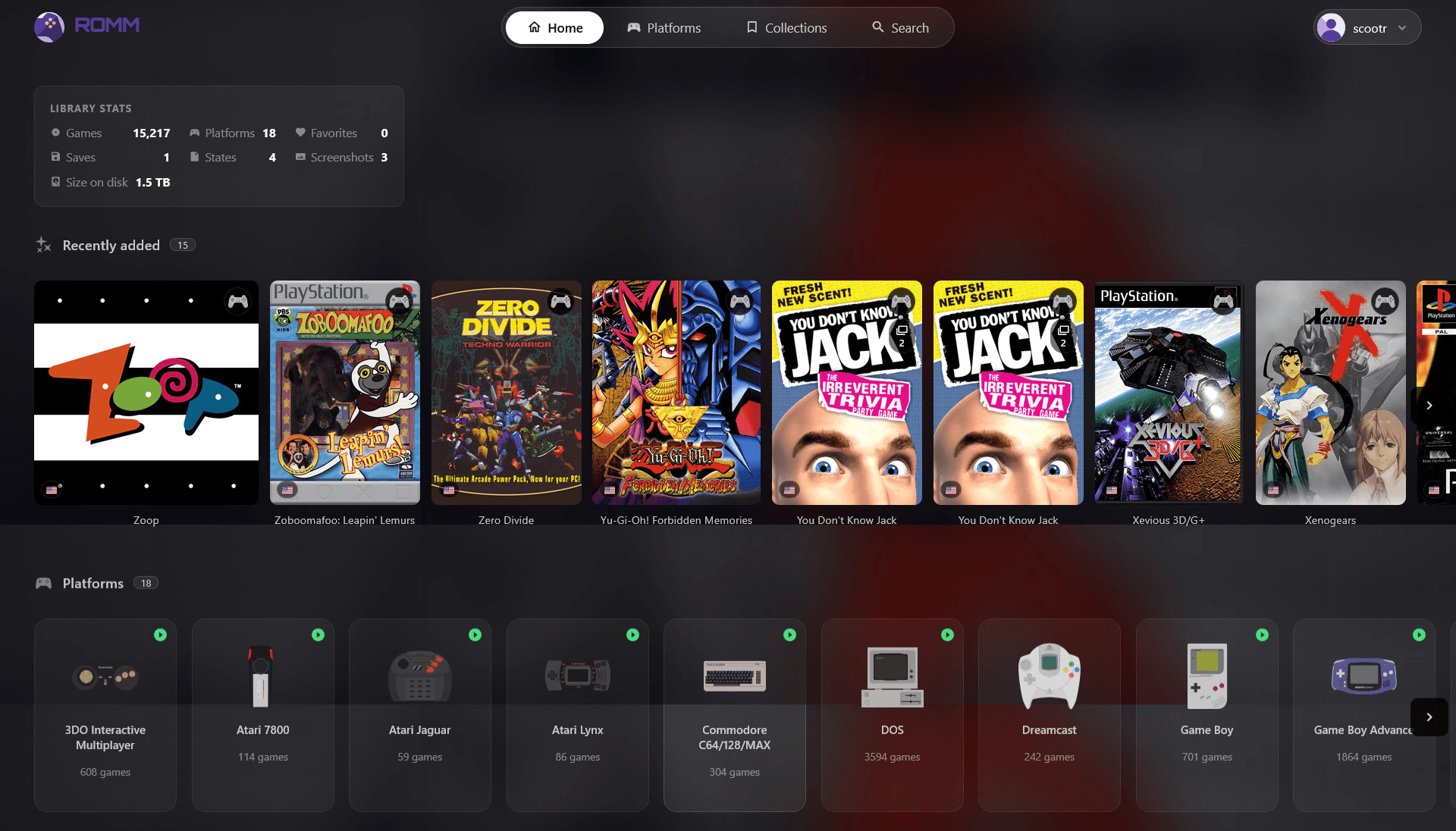 The RomM library home screen, showing library stats, recently added games, and platforms