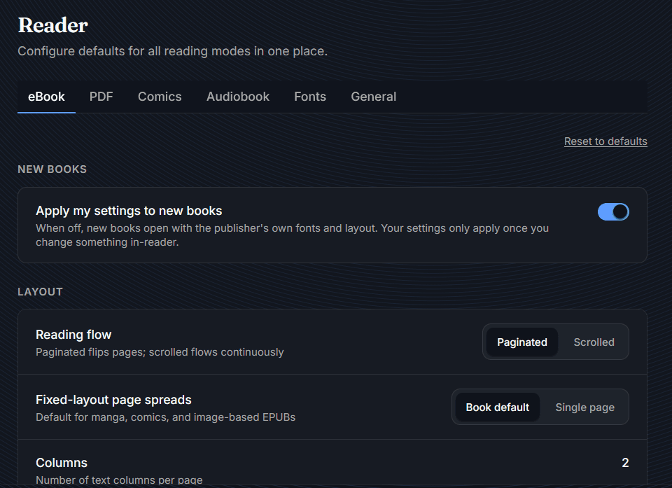 The Book Orbit Reader settings screen, with tabs for eBook, PDF, Comics, Audiobook, Fonts, and General layout options