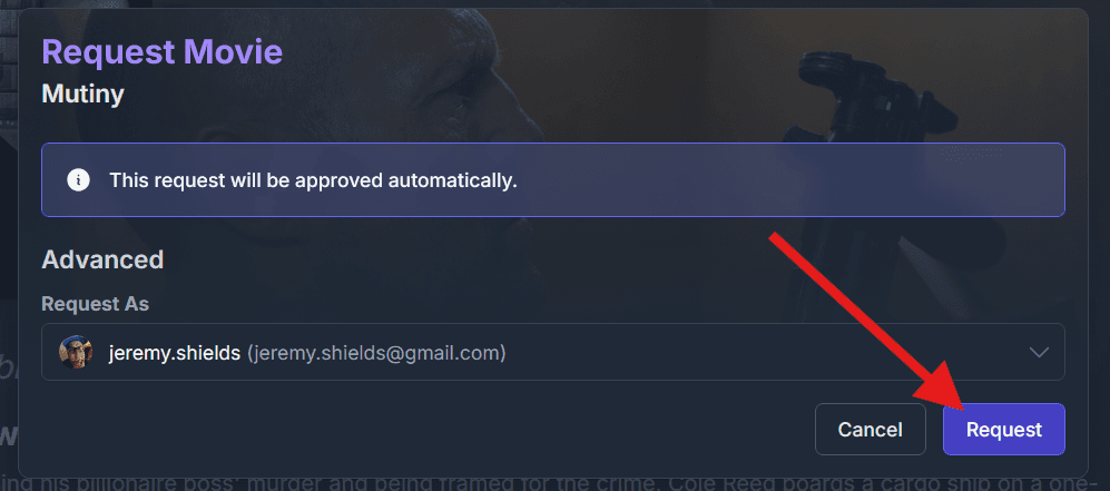 The Seerr request confirmation dialog with the Request button highlighted